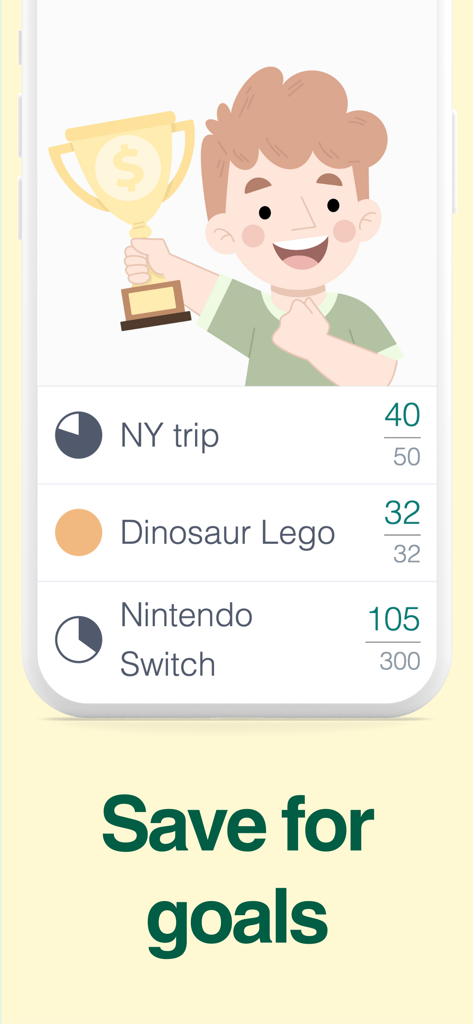 Piggy Bank Kids - Bomad - A happy cartoon boy holding a trophy above a list of savings goals including a Nintendo Switch and a Lego set.