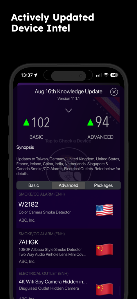 deviceOwl: Find Spy Devices - Interfaz de la aplicación deviceOwl mostrando una pantalla de actualización de conocimientos para la identificación de dispositivos espía básicos y avanzados.