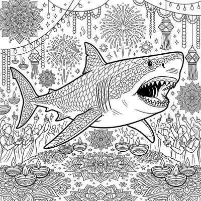 Experience an extraordinary fusion as a powerful Megalodon shark swims through a vibrant Diwali festival scene. This unique coloring page offers an exciting blend of prehistoric might and radiant celebration for artists of all ages.
