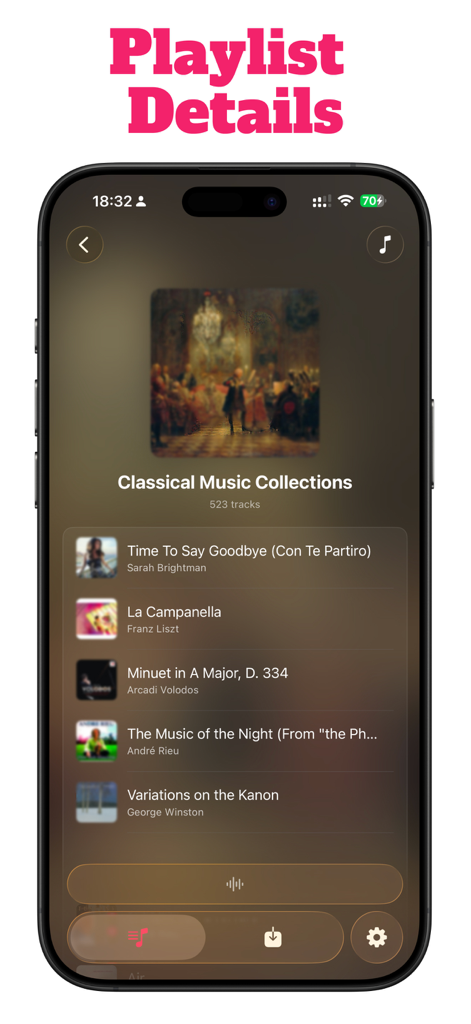 MusicPal: Your Music Assistant - MusicPal app screenshot showing the Classical Music Collections playlist details with a list of songs on an iPhone