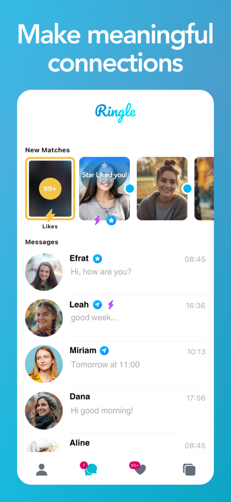 Ringle app interface showing a list of new matches and messages from users.