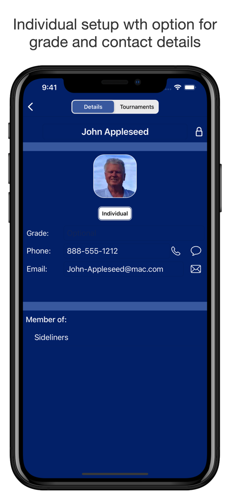 Mobile app screen showing an individual participant profile with photo, phone number, email, and team membership details.