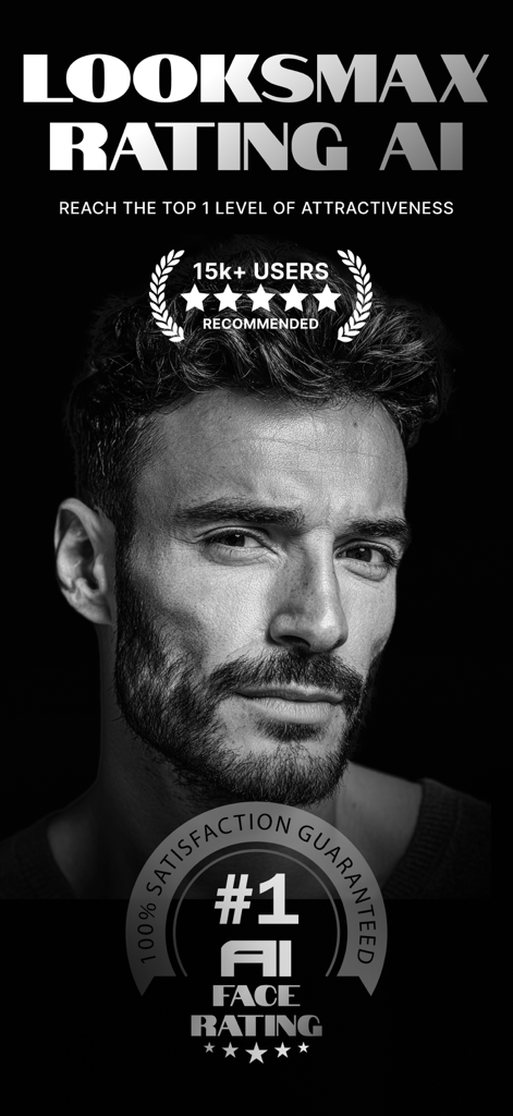 Promotional screen for the LooksMax Rating AI face rater app featuring a handsome man.