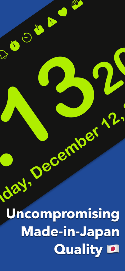 Mugen Clock app screenshot showing large lime-green numbers on a black background with text highlighting made-in-Japan quality