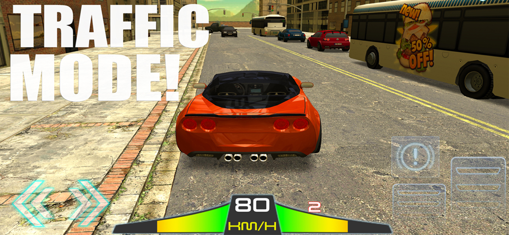 Mr Driving - Car Drive Parking - A red sports car driving through city streets in the traffic mode of the Mr Driving simulator app