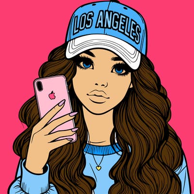 realistic beautiful girl wearing los ángeles cap holding an iphone