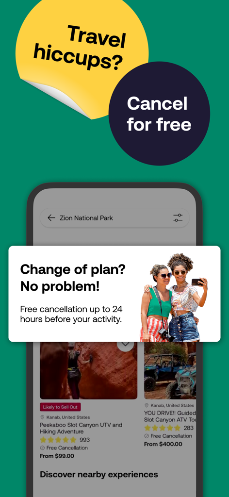 Viator Tours & Attractions - Promotional screen of the Viator app highlighting its 24-hour free cancellation policy for travel tours and activities.