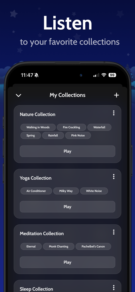 Interface of Sleeping Owl app showing custom sound collections for sleep and relaxation.