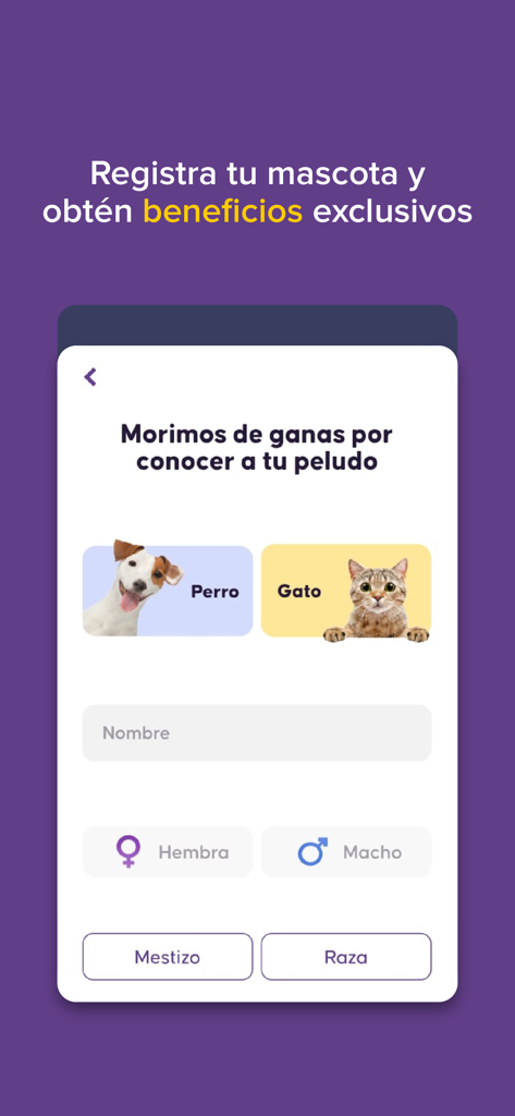 Pet registration screen in the Laika app showing options to add a dog or cat with their name and gender