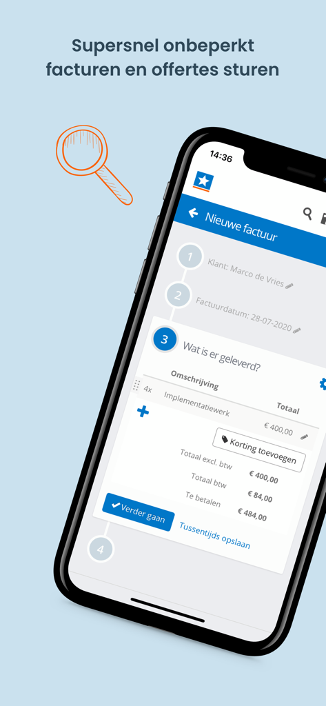 SnelStart Boekhouden mobile app interface showing how to create a new invoice