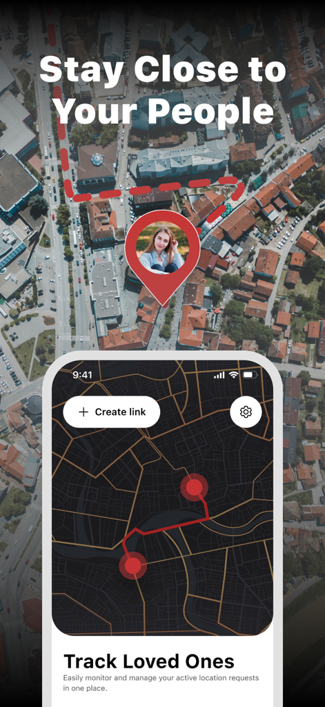 Find Geo: GPS Phone Tracker - Interfaz de la aplicación Find Geo mostrando un mapa de rastreo GPS con un marcador de ubicación de una persona y el texto Mantente Cerca de Tu Gente.