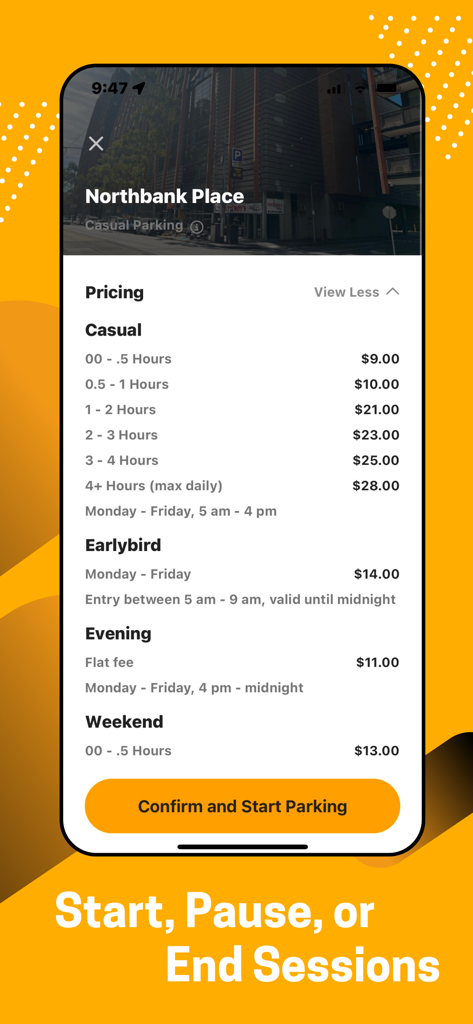 Care Park AU - Care Park AU mobile app interface displaying parking rates for Northbank Place and a button to start a parking session.