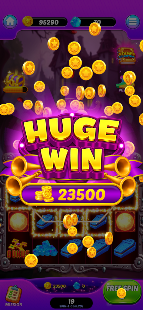 Jackpot Realms - A vibrant Huge Win screen in the Jackpot Realms slots game featuring falling gold coins and a large point total