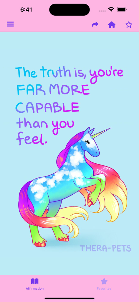 Thera-pets - A colorful rainbow unicorn with clouds on its body next to the affirmation text The truth is you are far more capable than you feel.