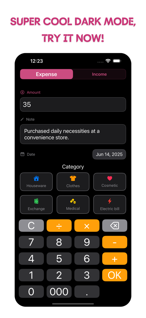 MoneyBay: Expense Manager - MoneyBay app interface showing a dark mode expense entry screen with amount note categories and a calculator keypad