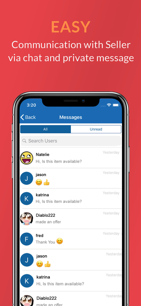 Lelong.my - Shop and Save - Mobile interface of Lelong.my app showing a list of chat messages with sellers