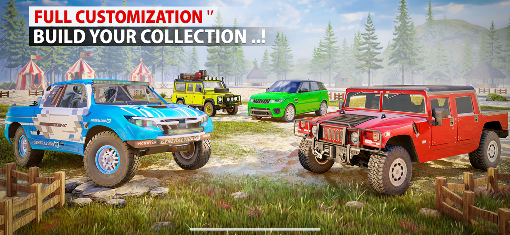 Offroad King Car Driving Game - A group of customized 4x4 vehicles including a trophy truck and SUVs in a forest setting