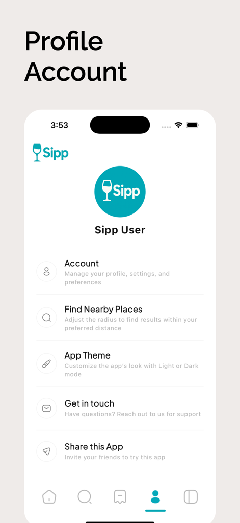 Schermata del profilo e dell'account dell'app per l'happy hour Sipp