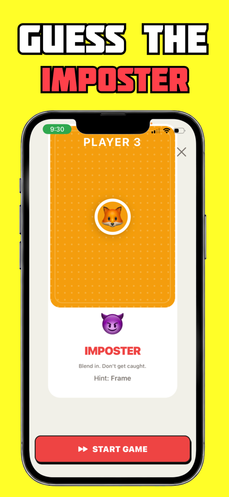 Imposter Game Online - Uma tela de celular do Imposter Game Online mostrando o papel de Impostor atribuído a um jogador com uma dica do jogo.