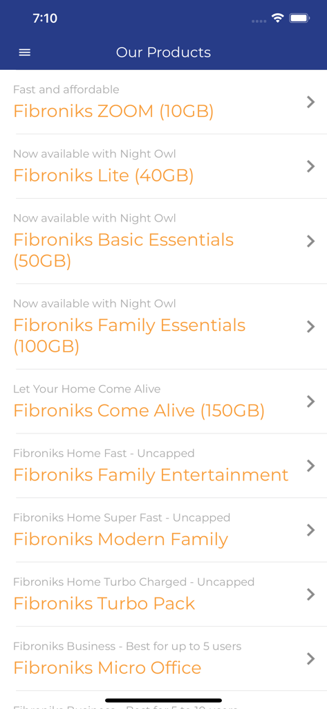Liste der Fibroniks Internet-Service-Pläne und Datenpakete in der myLiquid Home Zimbabwe App
