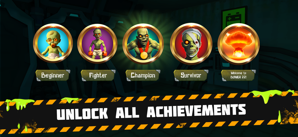 Bunker: Zombie Survival Games - Unlockable achievements screen for Bunker Zombie Survival Games featuring various zombie character icons.