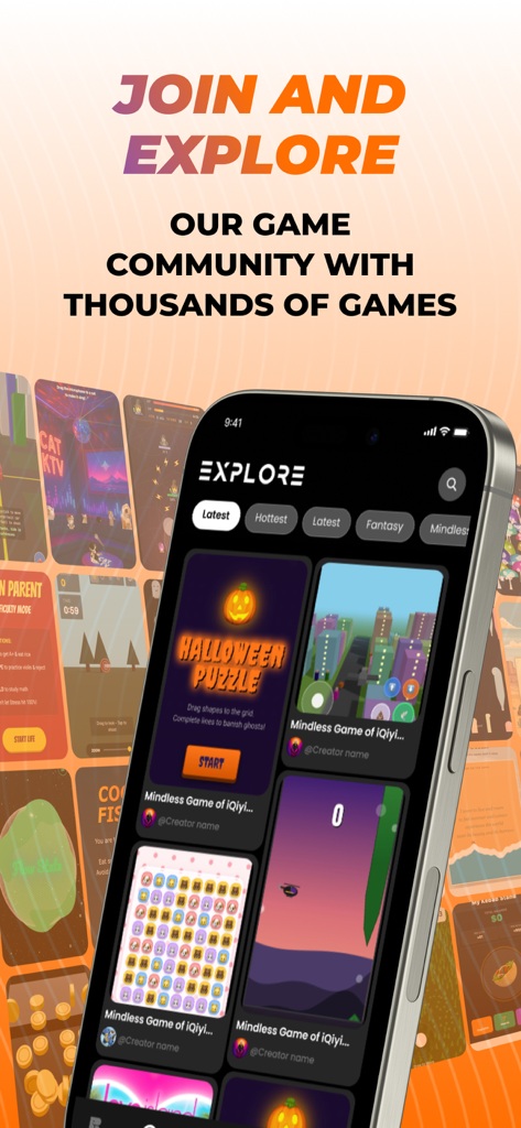 Mobile app screen showing the explore section of Rezona AI Game Maker with various community games