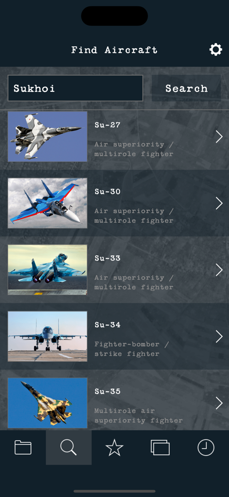 Search results for Sukhoi aircraft in the Modern Military Aircraft app