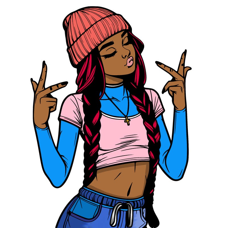 realistic teenage girl with braids and a beanie and crop top doing 🫶🏼