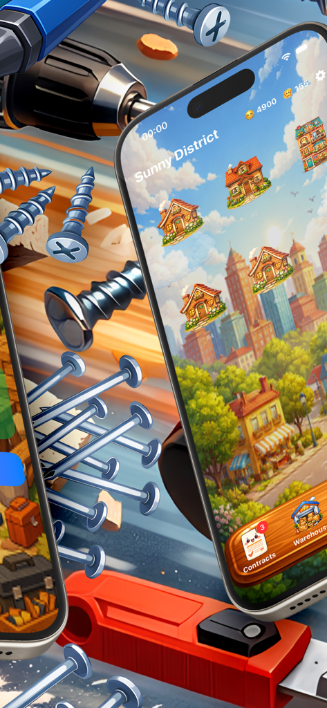 Application mobile Towerish montrant un quartier résidentiel cosy avec des outils de construction autour de l'écran