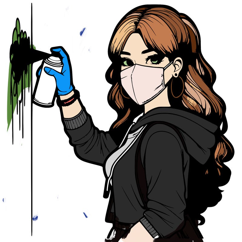 realistic girl with mask spray painting a wall