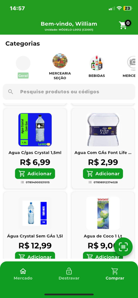 MercadoApp | E4 Go - Mobile app interface of MercadoApp E4 Go showing a selection of bottled water and coconut water with prices and add to cart buttons