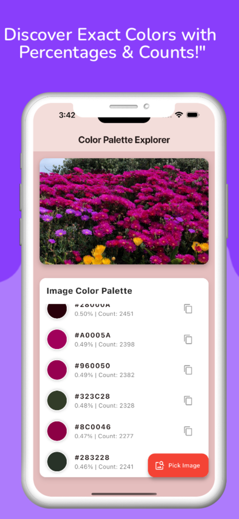 アップロードされた花の alkene を基に抽出されたHEXコードとカラー統計を表示するモバイルアプリのインターフェース