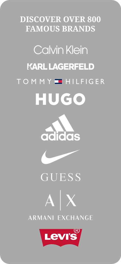 Une liste de marques de mode célèbres disponibles sur l'application Fashion Days, y compris Nike, Adidas, Calvin Klein et Hugo Boss.