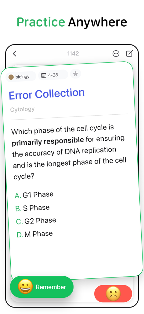 Une carte mémoire de biologie sur l'application WinkNotes montrant une question à choix multiples sur le cycle cellulaire avec des boutons d'étude 'se souvenir' et 'oublier'.