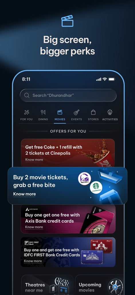 District: Movies Events Dining - A mobile app screen showing movie ticket booking offers and cinema perks like free snacks and bank discounts.