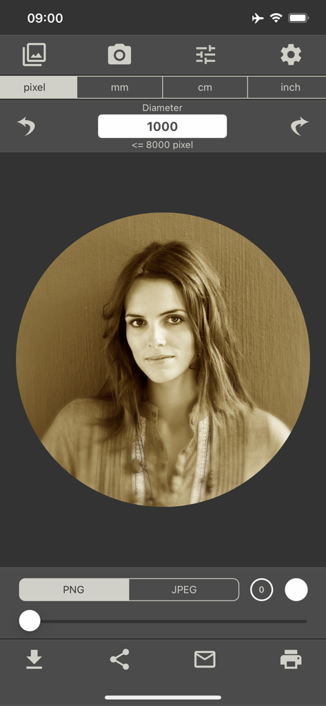 Round Photo - Circular sepia portrait of a woman in the Round Photo app with editing tools and diameter settings