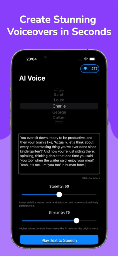 AI Voice & Song Generator - Pantalla de generación de voz con IA que muestra la entrada de texto a voz y la configuración de selección de voz.