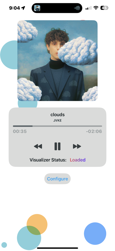 Spatial Music Visualizer - Spatial Music Visualizer app player interface showing music controls and album art for the song clouds by JVKE.