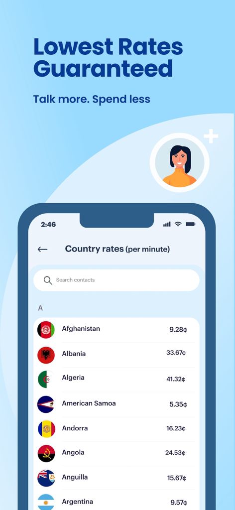 Raza.com International Calling - Raza app interface showing per minute international calling rates for different countries