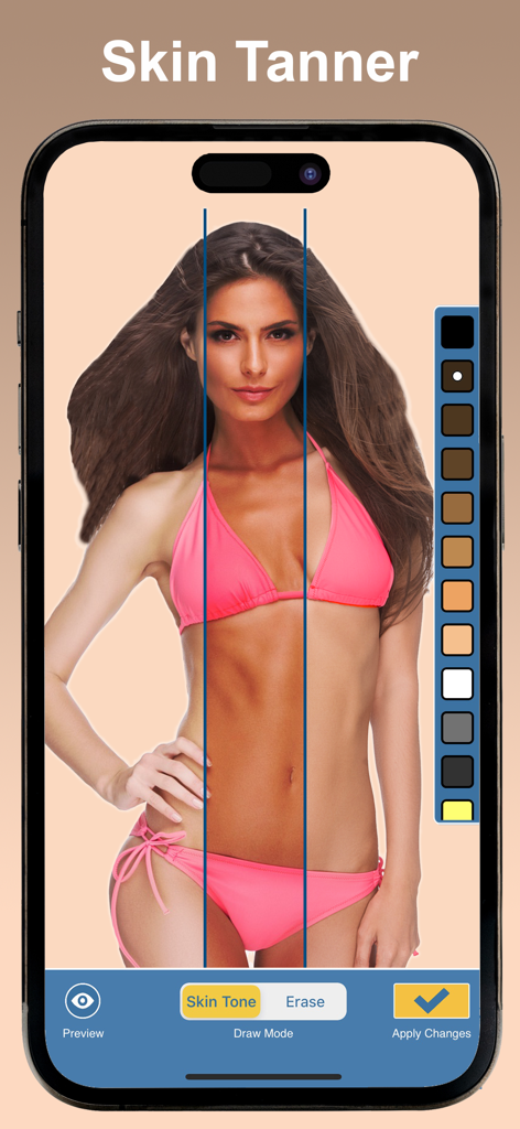 Skin Tone Booth - Face & Body - A smartphone screen displaying the Skin Tone Booth app being used to apply a virtual tan to a photo of a woman in a bikini.