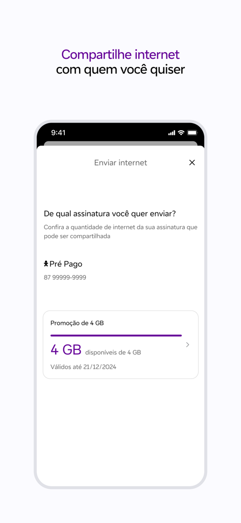 Interfaccia dell'app mobile Vivo che mostra l'opzione per condividere dati internet da un piano prepagato in portoghese
