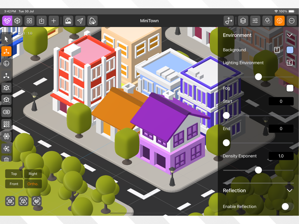 App DGArt su iPad che mostra una scena isometrica di una città in 3D con il pannello delle impostazioni dell'ambiente aperto