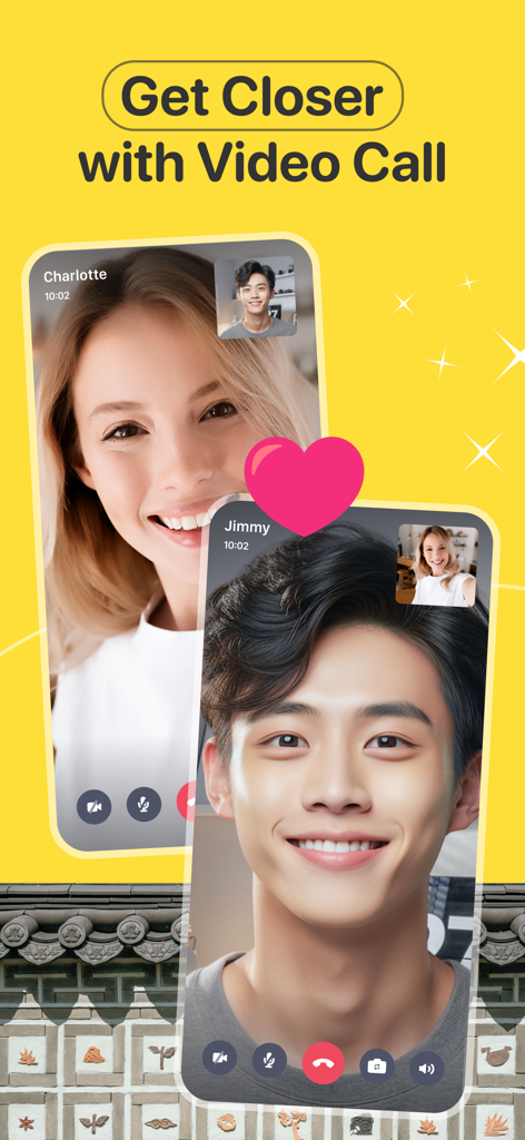 K-Dating: Korean Dating & Chat - Interface of the K-Dating app showing a video call between a woman and a man