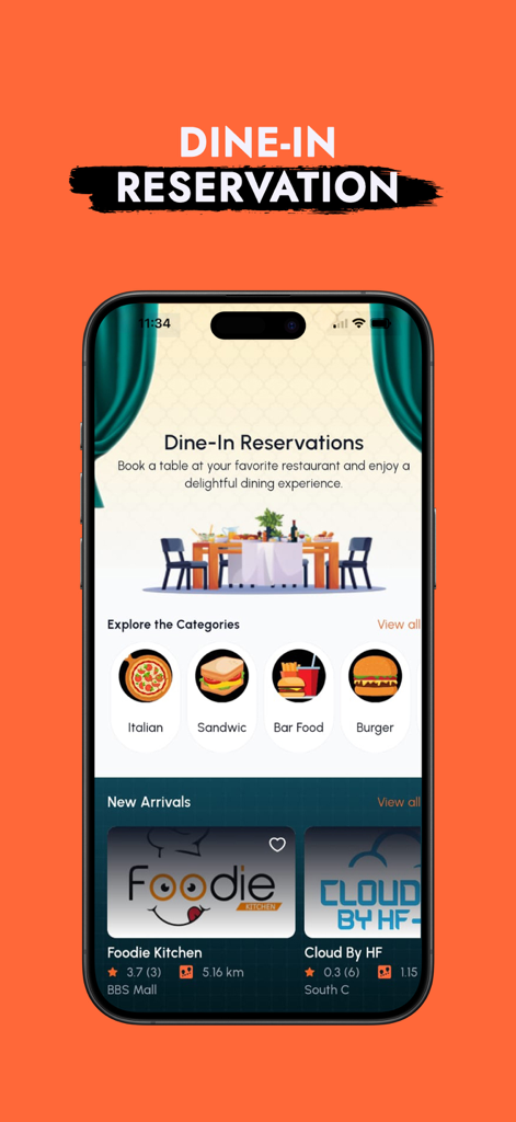 The Menu Hub - Captura de tela do aplicativo móvel The Menu Hub mostrando o recurso de Reservas para Jantar no Restaurante com categorias de restaurantes e novidades.