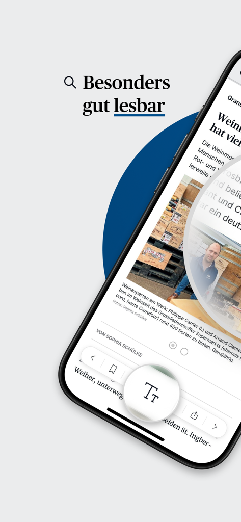 Screenshot of the SZ ePaper mobile app showing an article with highlighted font adjustment settings for enhanced readability.