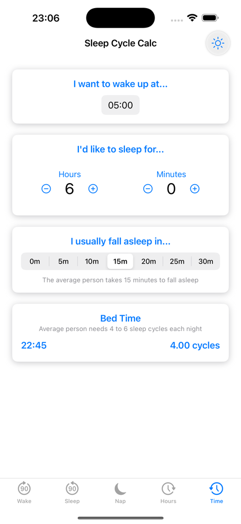 Interfaccia dell'app mobile Sleep Cycle Calc che mostra un calcolo dell'ora di andare a dormire basato sull'ora di risveglio e sulla durata del sonno.