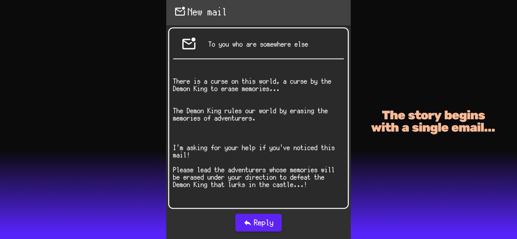 Whipper - Idle RPG - In-game mail screen in Whipper Idle RPG introducing the story and the Demon King's curse.