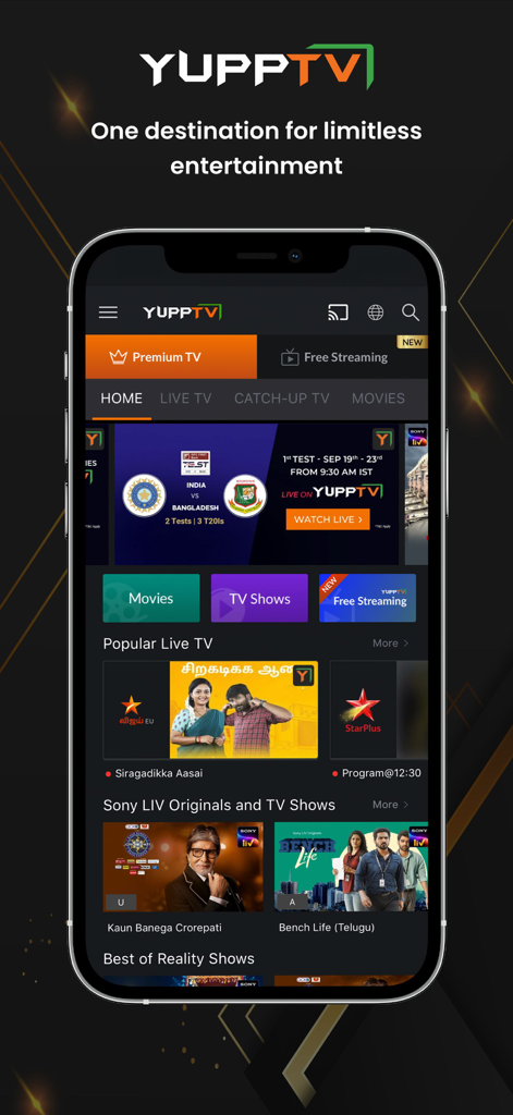 YuppTV - Live TV & Movies - YuppTV app interface on a smartphone featuring Indian movies, live TV, and sports.
