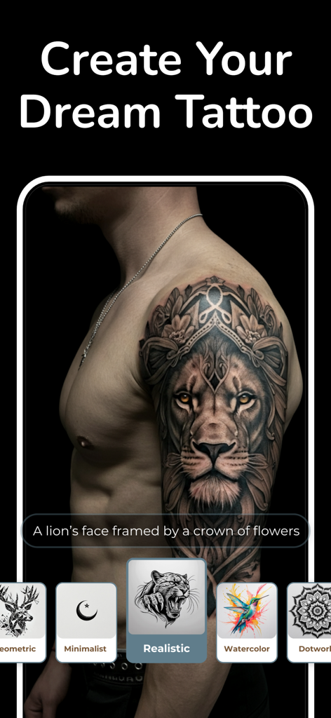 Tattoo AI - Design & Generator - Diseño de tatuaje de león realista generado por IA y previsualizado en un hombro.