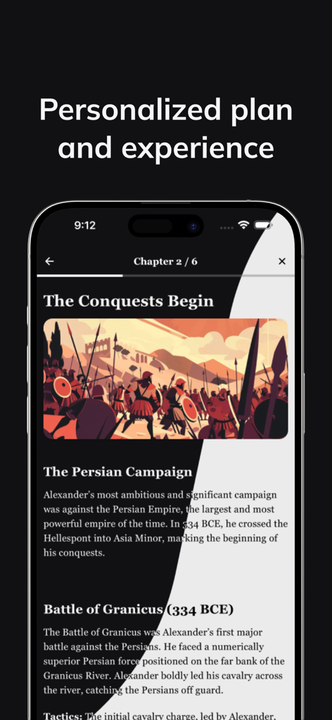 Mindsnap: Daily Micro Learning - Mindsnap app interface showing a personalized history lesson on Alexander the Great and the Persian Campaign with an illustration of ancient soldiers.